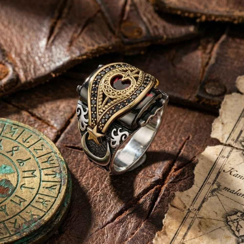 Kemerli Ay Yıldız Taşlı Gümüş YüzükAy Yıldız Yüzükler