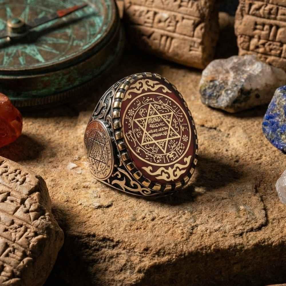 Kenarları Hz.Süleyman Mührü İşlemeli Erkek Gümüş YüzükSüleyman Mührü Yüzükler
