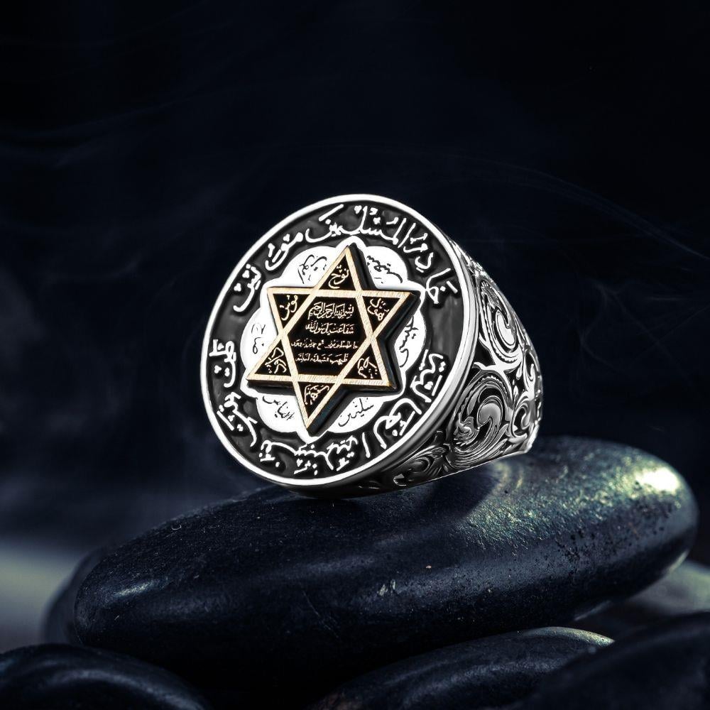 Kenarları Motifli Süleyman Mührü Gümüş Yüzük