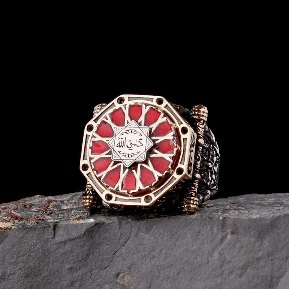 Kırmızı Mineli Kalkan Model Hasbiyallah Gümüş YüzükHasbiyallah Yüzük