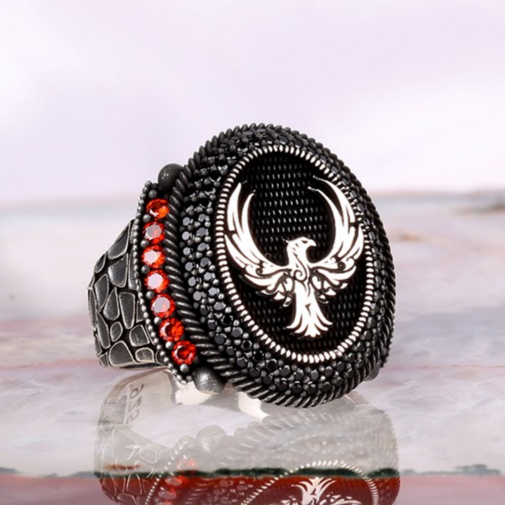 Kırmızı Zirkon Taşlı Anka Kuşu Model Gümüş Yüzük