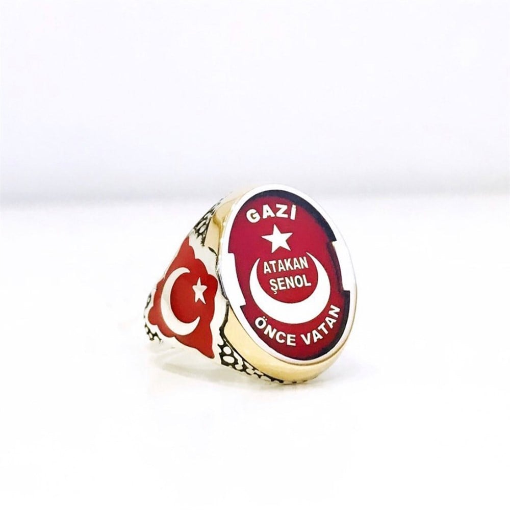 Kişiye Özel Ay Yıldız Gazi İsim İşlemeli Gümüş Yüzük