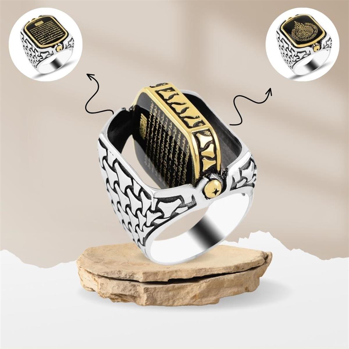 Kişiye Özel Çift Taraflı Resimli Kare Gümüş Erkek Yüzük