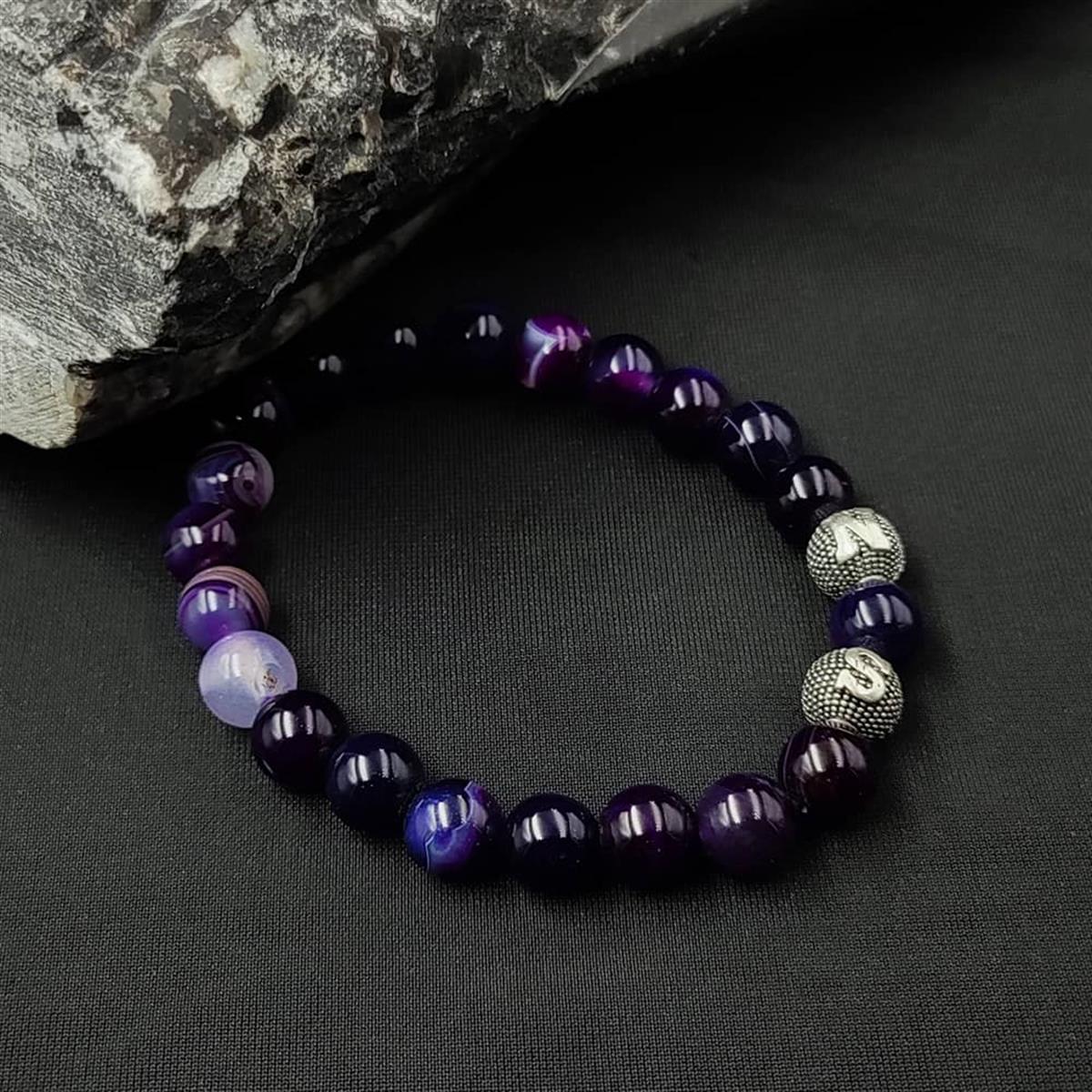 Kişiye Özel Gümüş Harfli Mor Akik Taşı Bileklik