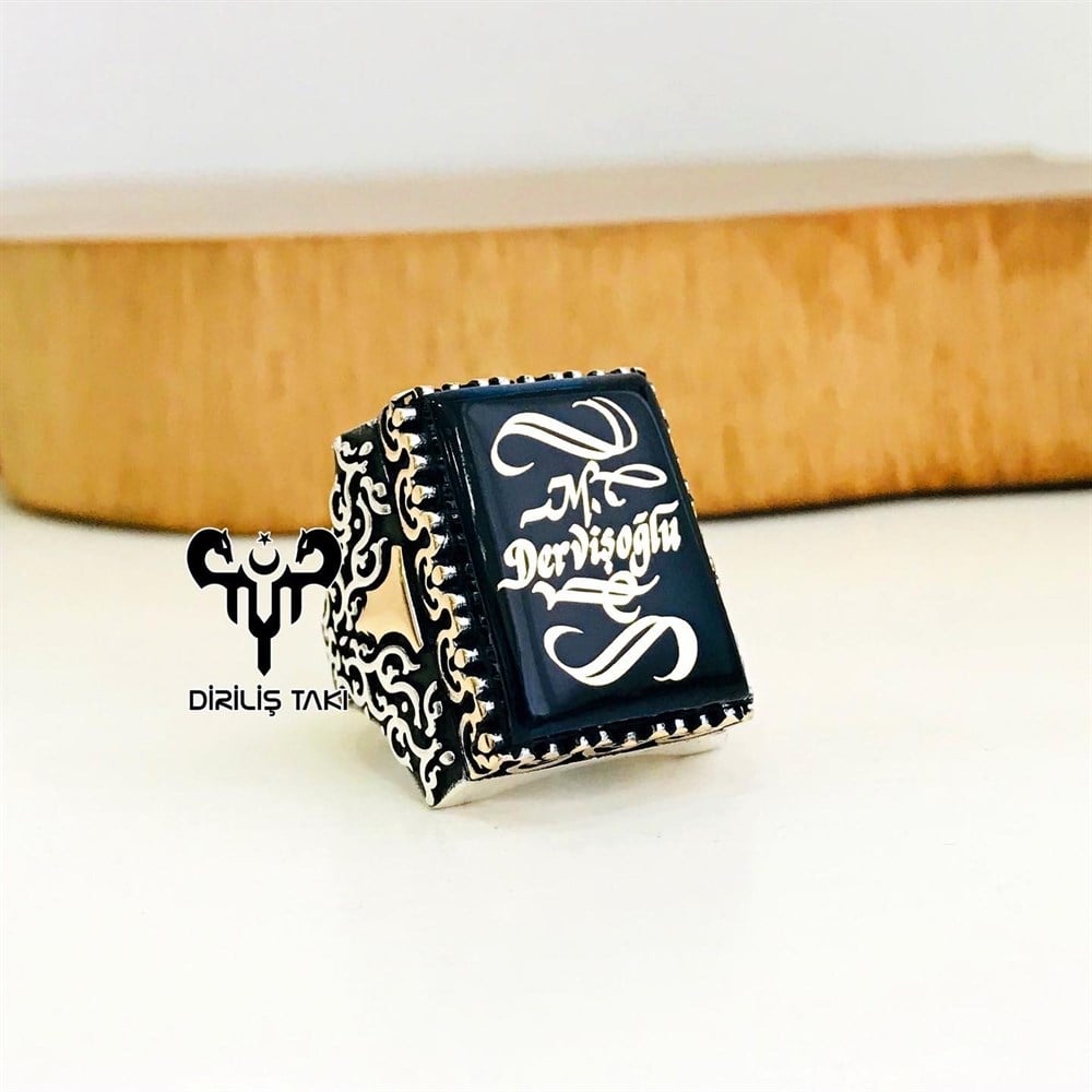 Kişiye Özel Kehribar Taş Üzeri Mineli Gümüş Yüzük