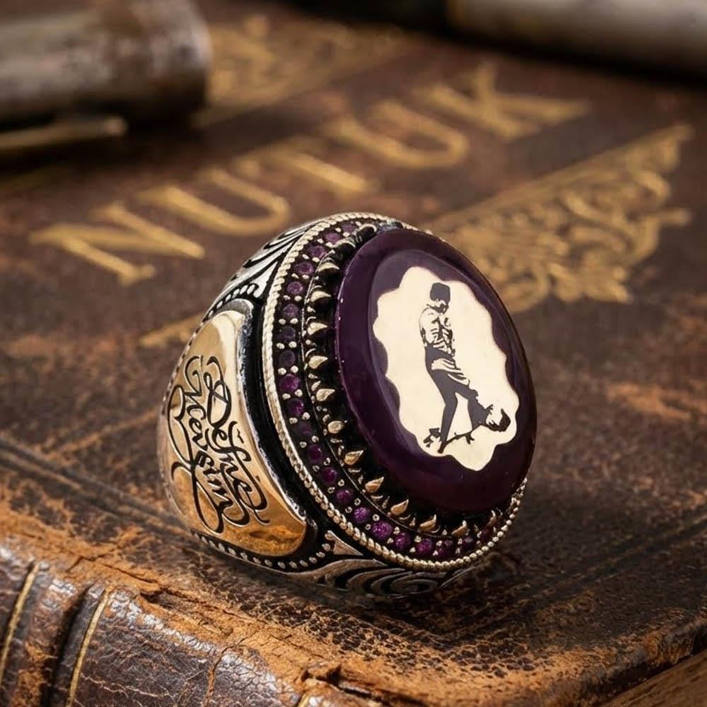 Kişiye Özel Kehribar Üzeri Atatürk Erkek Gümüş YüzükHat Sanatı Yüzük