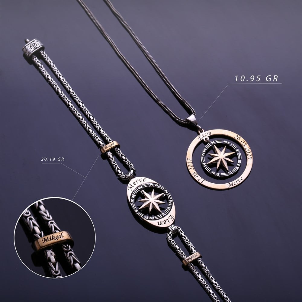 Kişiye Özel Pusula Gümüş Kolye Bileklik Kombin