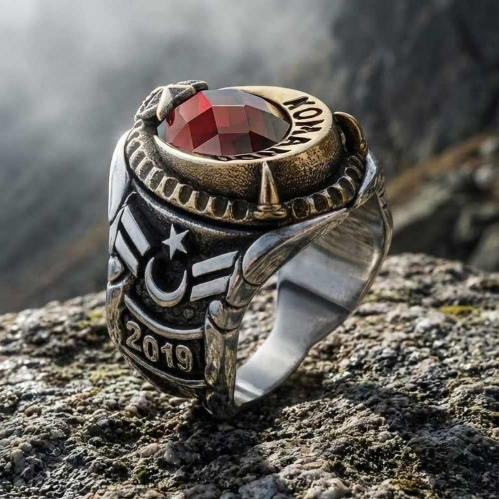 Komando İşlemeli Kenarları Ay Yıldız Gümüş YüzükAsker & Polis Yüzükleri