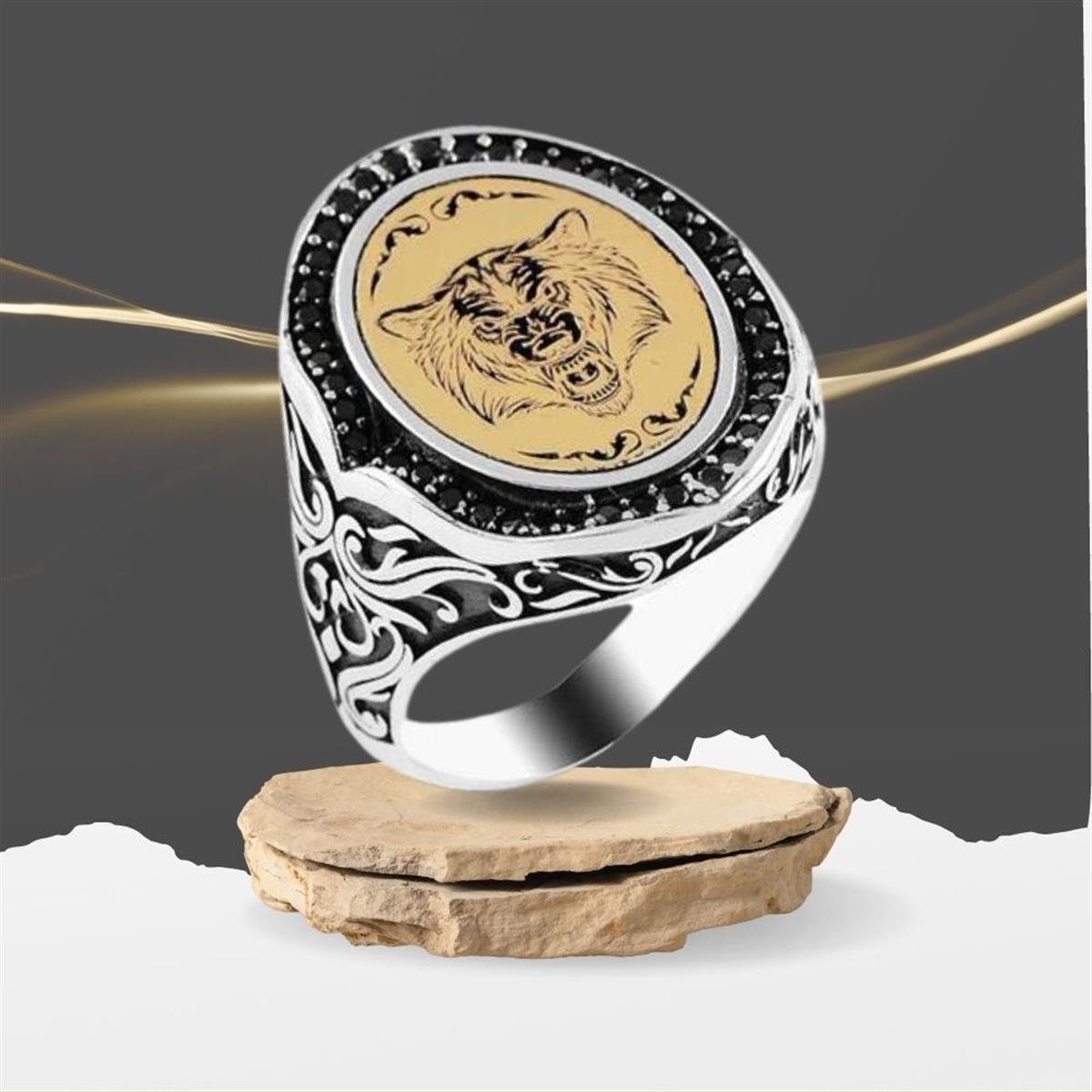 Kurt Kafası İşlemeli Selçuklu Motifli Gümüş Erkek Yüzük