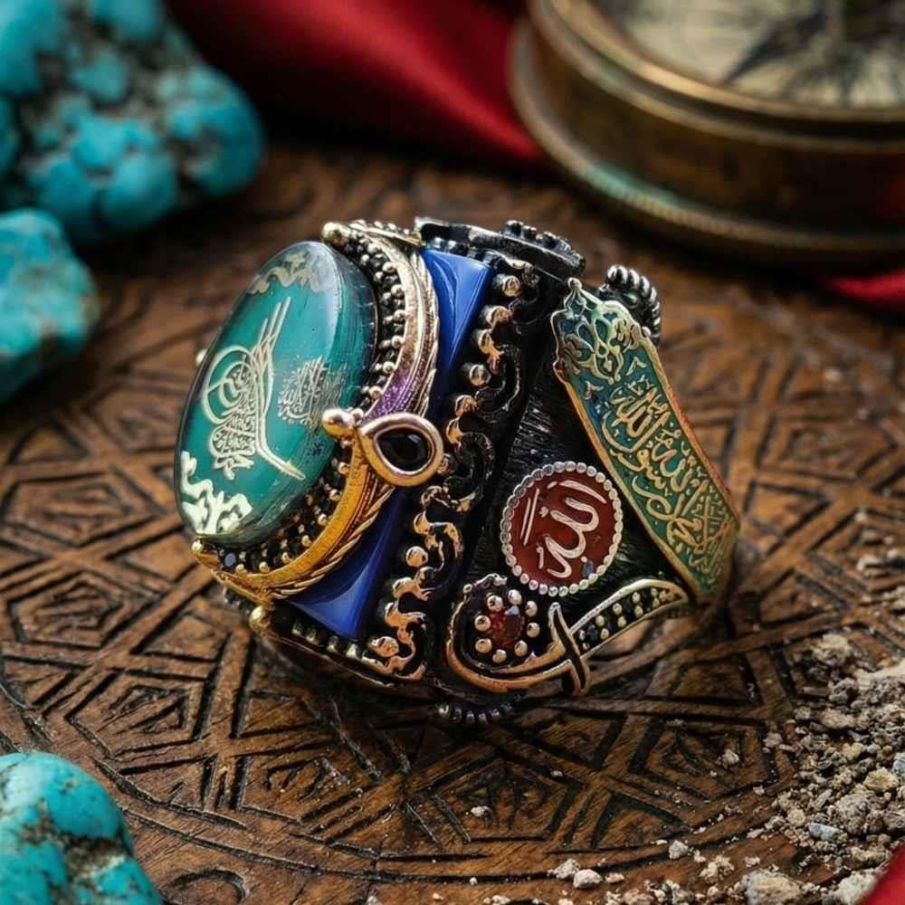 Lacivert Üzeri Yeşil Osmanlı Tuğrası Gümüş YüzükTuğra Yüzük