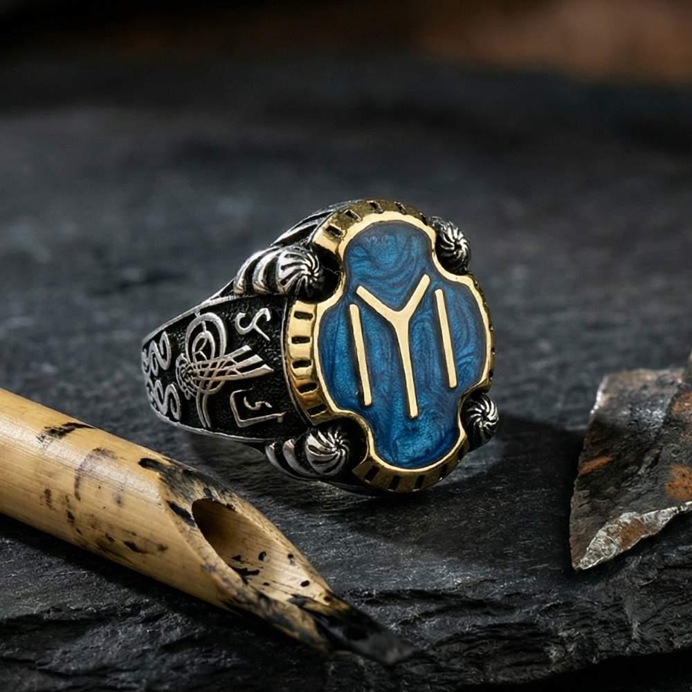 Mavi Mineli Kayı Boyu Elif Vav Tuğra Desenli Gümüş YüzükKayı Boyu Yüzük