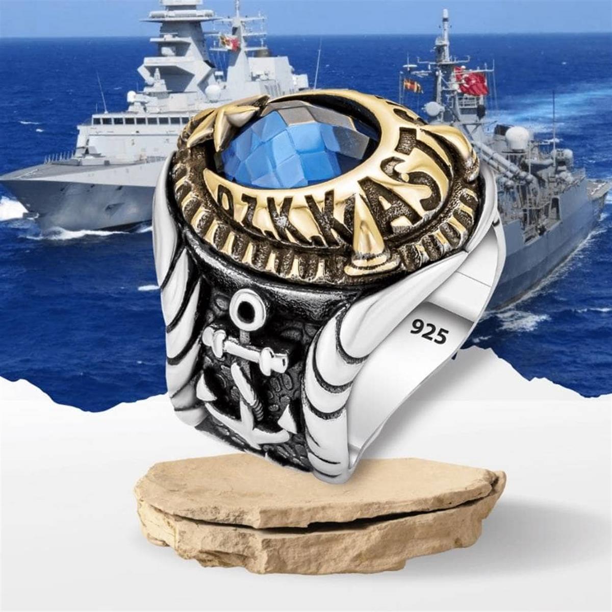 Mavi Taşlı Deniz Kuvvetleri Astsubay Gümüş Yüzük