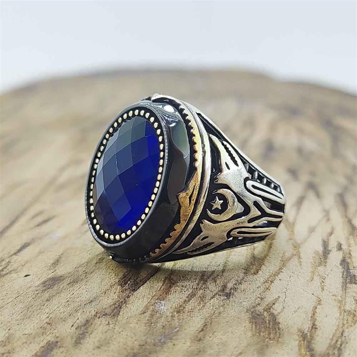 Mavi Zirkon Taşlı IYI Bozkurt Erkek Gümüş Yüzük