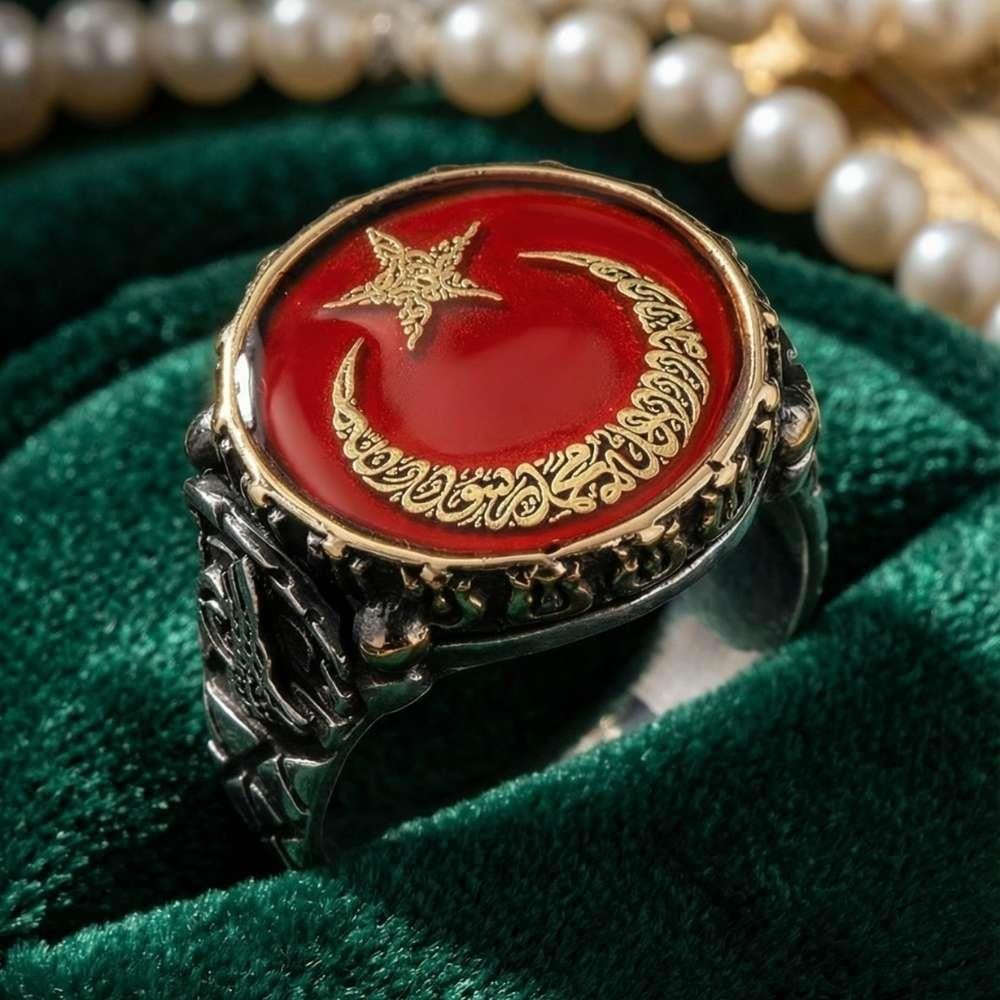 Mineli Ay Yıldız İçerisi Kelime-i Tevhid Yazılı Gümüş YüzükAy Yıldız Yüzükler