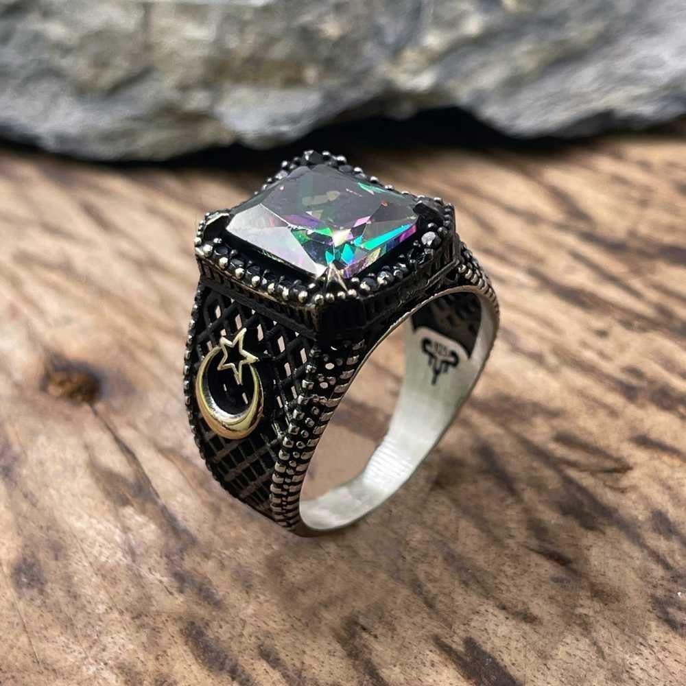 Mistik Topaz Taşlı Ay Yıldız Gümüş YüzükMistik Topaz Taşlı Yüzükler