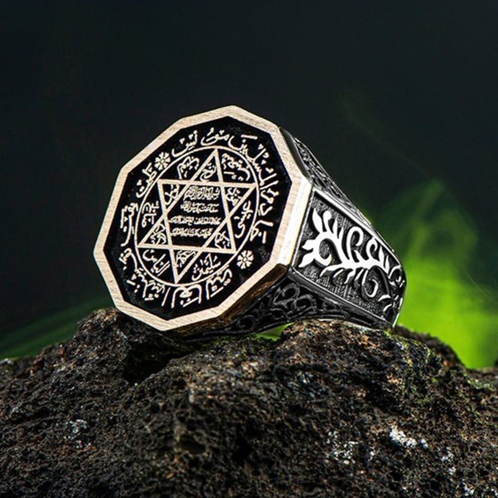 Mührü Süleyman İşlemeli Osmanlı Motifli Gümüş Yüzük