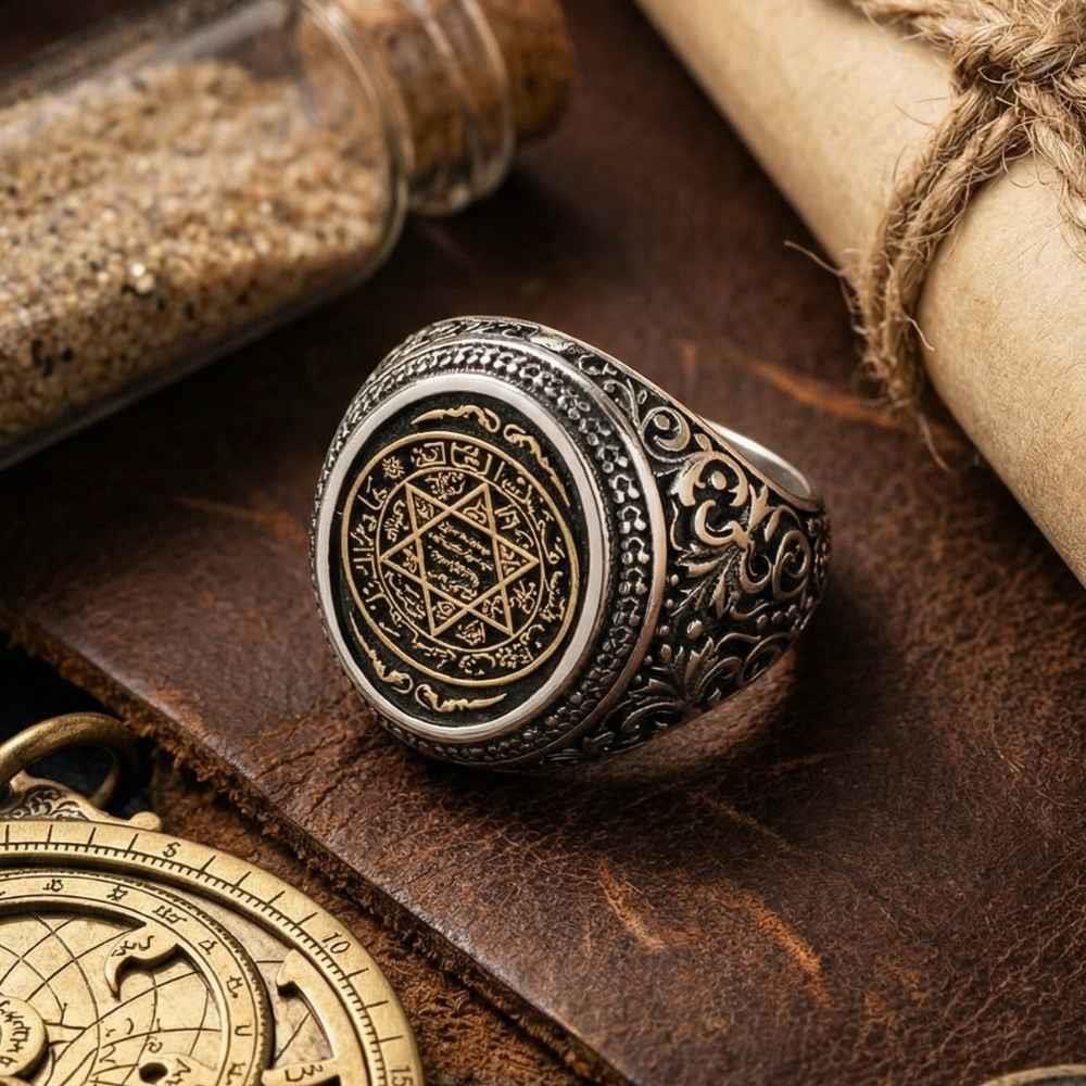 Mührü Süleyman İşlemeli Oval Gümüş Erkek YüzükSüleyman Mührü Yüzükler