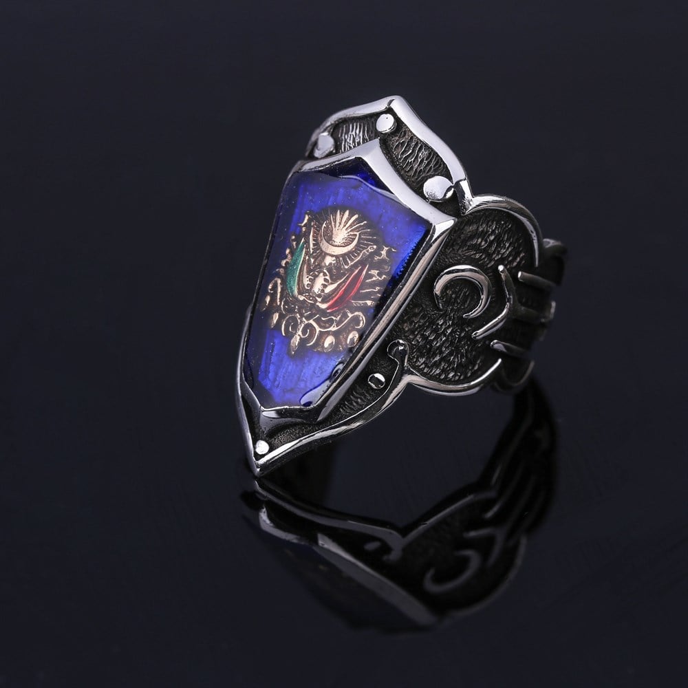 Osmanlı Devlet Armalı Mineli Baş Parmak Model Gümüş Erkek Yüzük