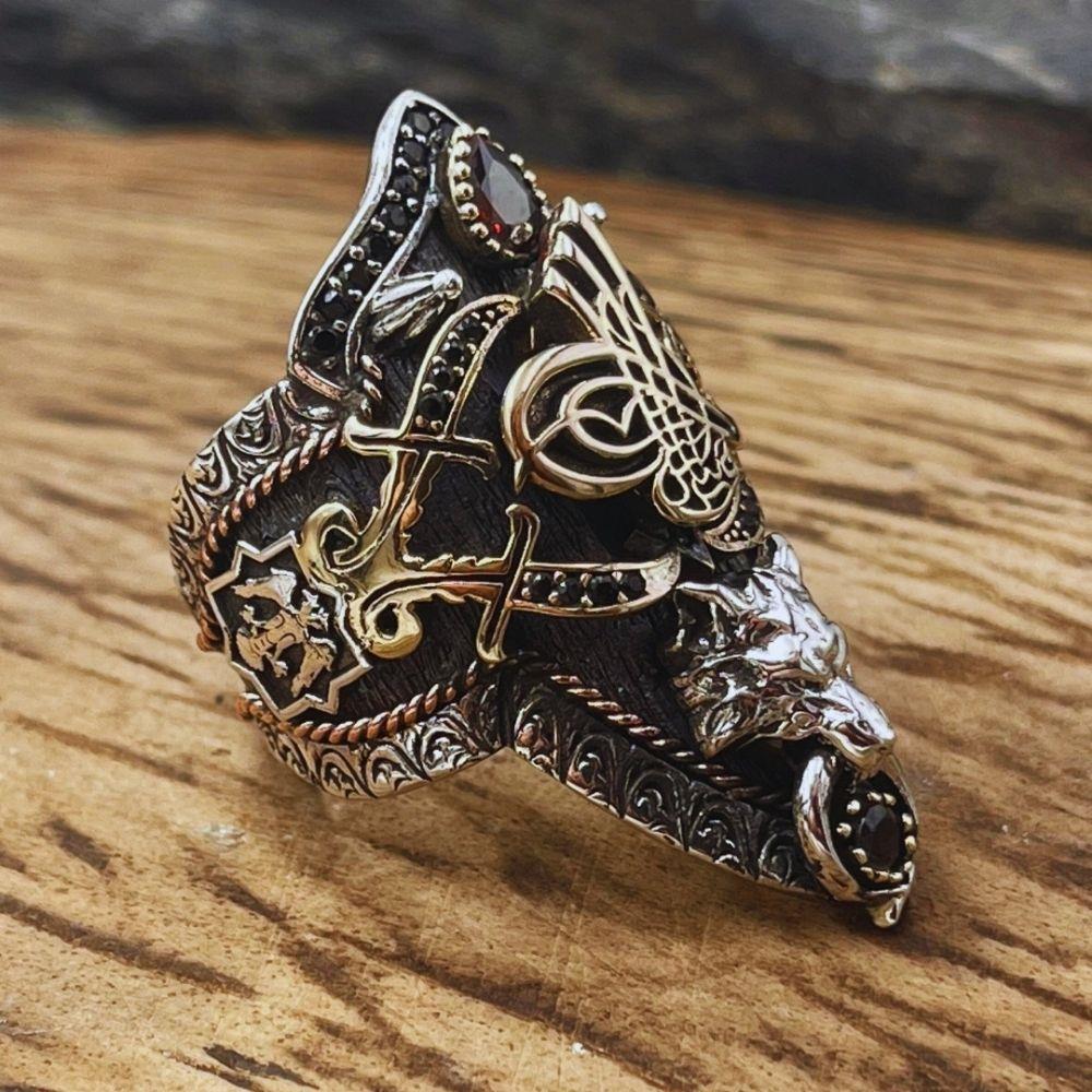 Osmanlı Tuğrası Bozkurt İşlemeli Gümüş Okçu Yüzüğü