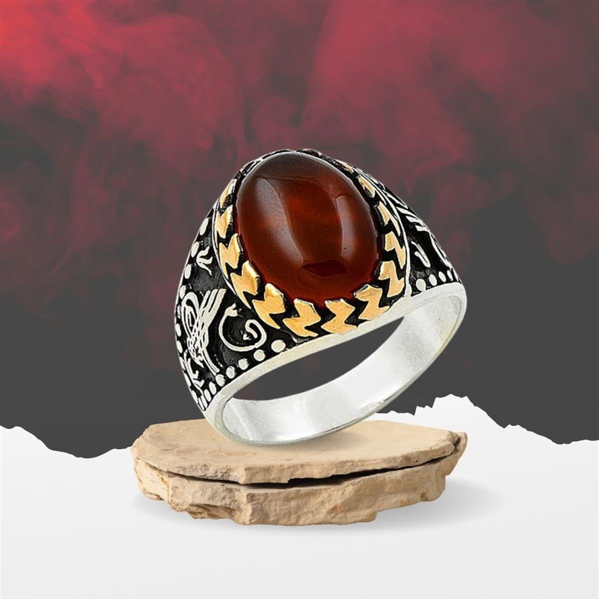 Oval Akik Taşlı Osmanlı Tuğra Desenli Gümüş Erkek Yüzük