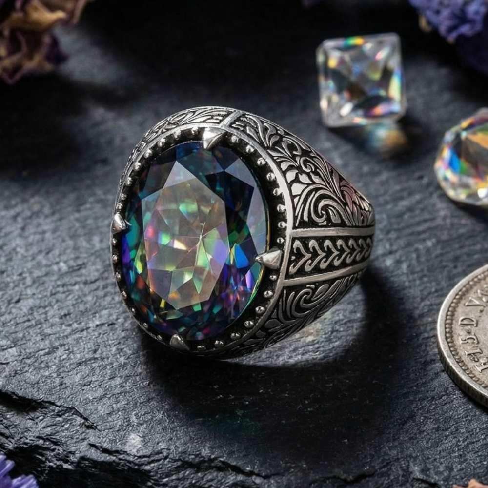 Oval Çiçek Motifli Mistik Topaz Gümüş YüzükMistik Topaz Taşlı Yüzükler