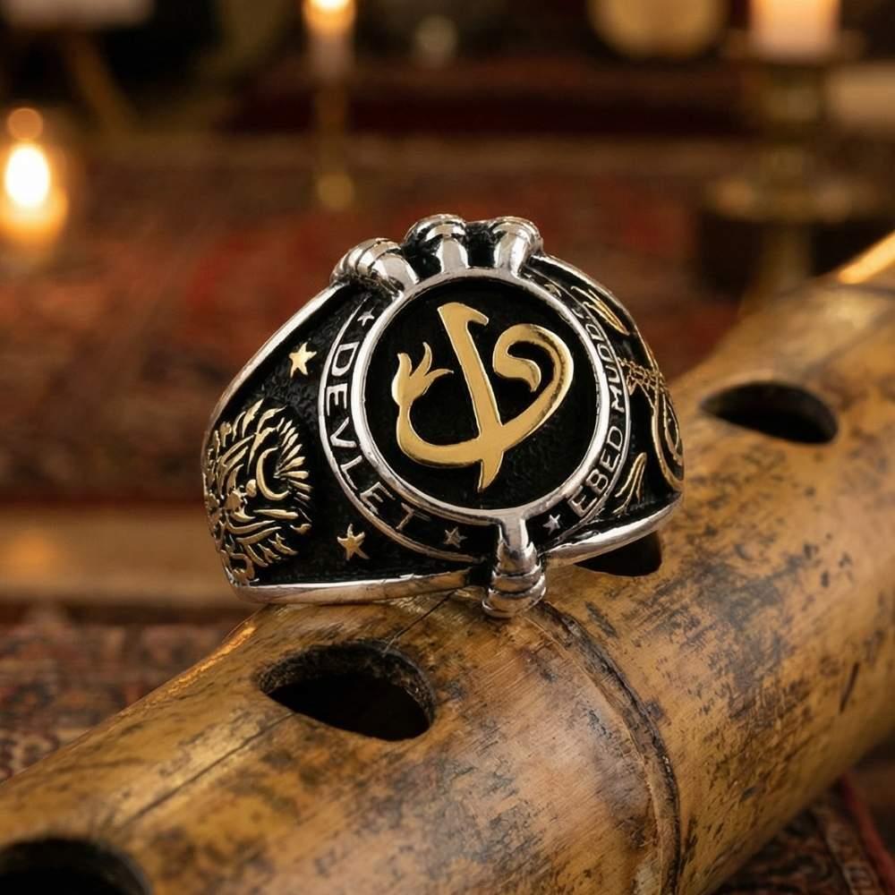 Oval Elif Vav Osmanlı Arma Desenli Gümüş Erkek YüzükElif Vav Yüzük