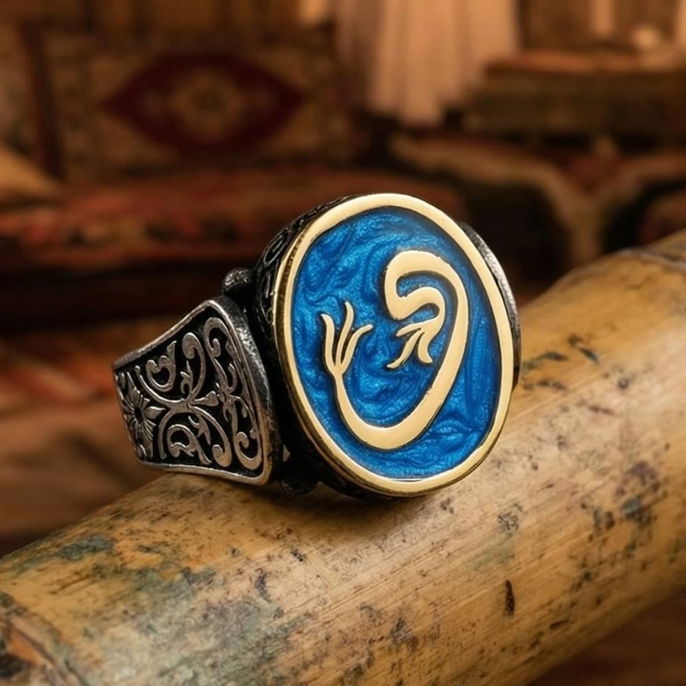 Oval Kafa Vav Desenli Mineli Gümüş Erkek YüzükElif Vav Yüzük