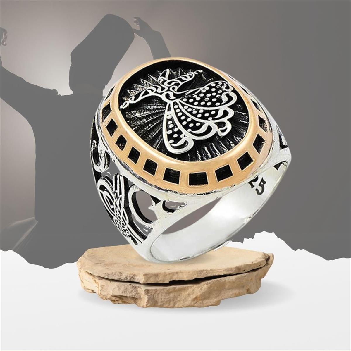 Oval Mevlana Desenli Gümüş Erkek Yüzük