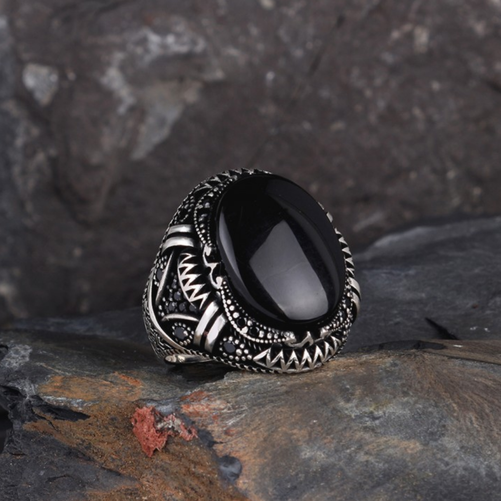 Oval Oniks Taşlı Örgü Model Gümüş Yüzük