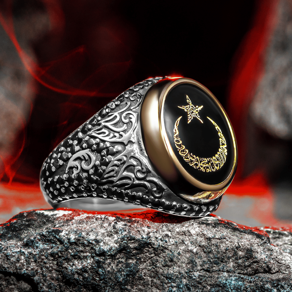 Oval Tasarım Ay Yıldız İçerisi Kelime-i Tevhid Gümüş Yüzük