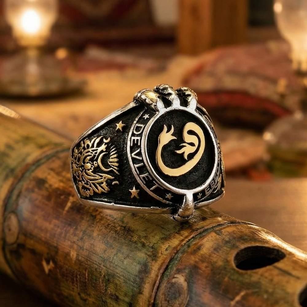Oval Vav Osmanlı Arma Desenli Gümüş Erkek YüzükElif Vav Yüzük