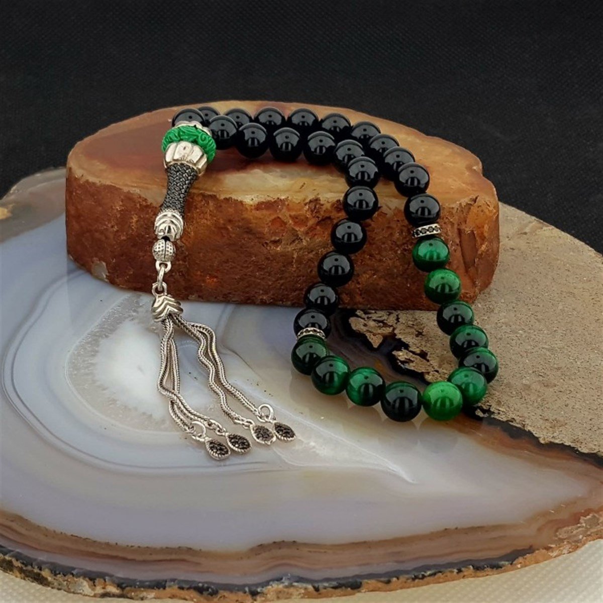 Özel Tasarım İmame Ve Püsküllü Oniks Kaplan Gözü Taşlı Tesbih