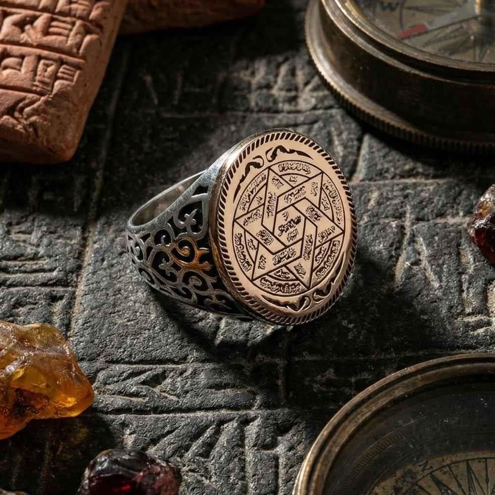 Plaka Üzeri Süleyman Mührü İşlemeli Gümüş YüzükSüleyman Mührü Yüzükler