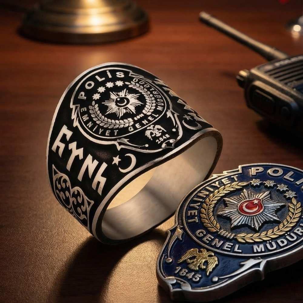 Polis Armalı Göktürkçe Türk Desenli Erkek Gümüş YüzükPolis Yüzükleri