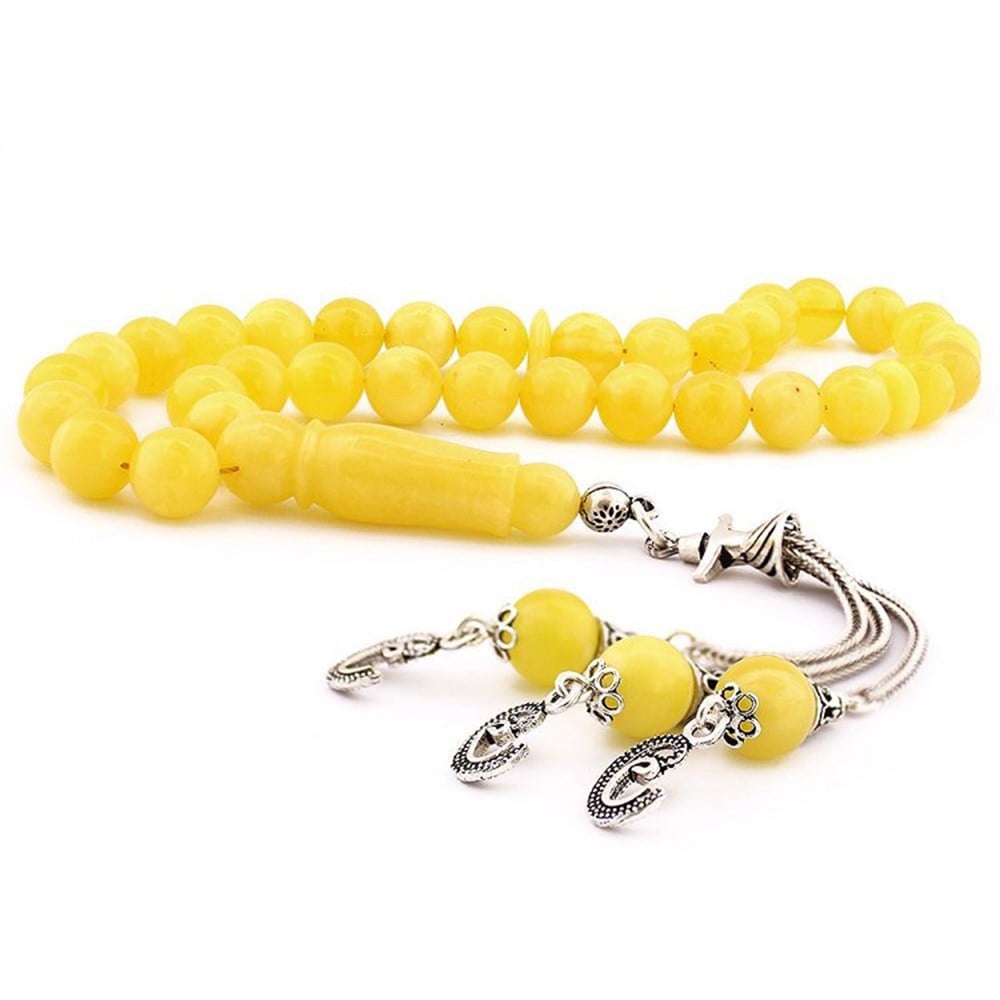 Püskülü Semazen ve Uçları Vav Motifli Damla Kehribar Tesbih