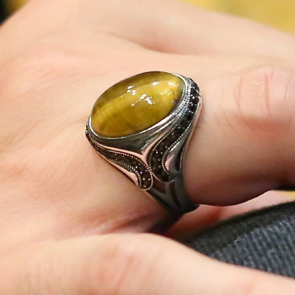 Sarı Kehribar Taşlı Gümüş Erkek Yüzük