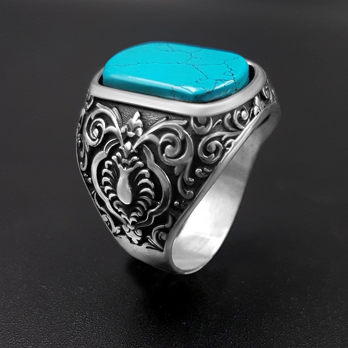 Selçuklu Motifli Firuze Taşlı Gümüş Yüzük