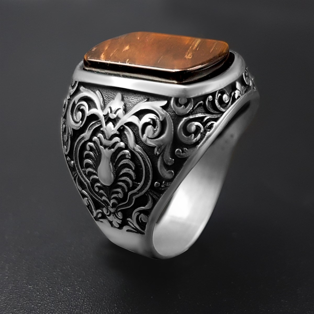 Selçuklu Motifli Kaplan Gözü Gümüş Yüzük