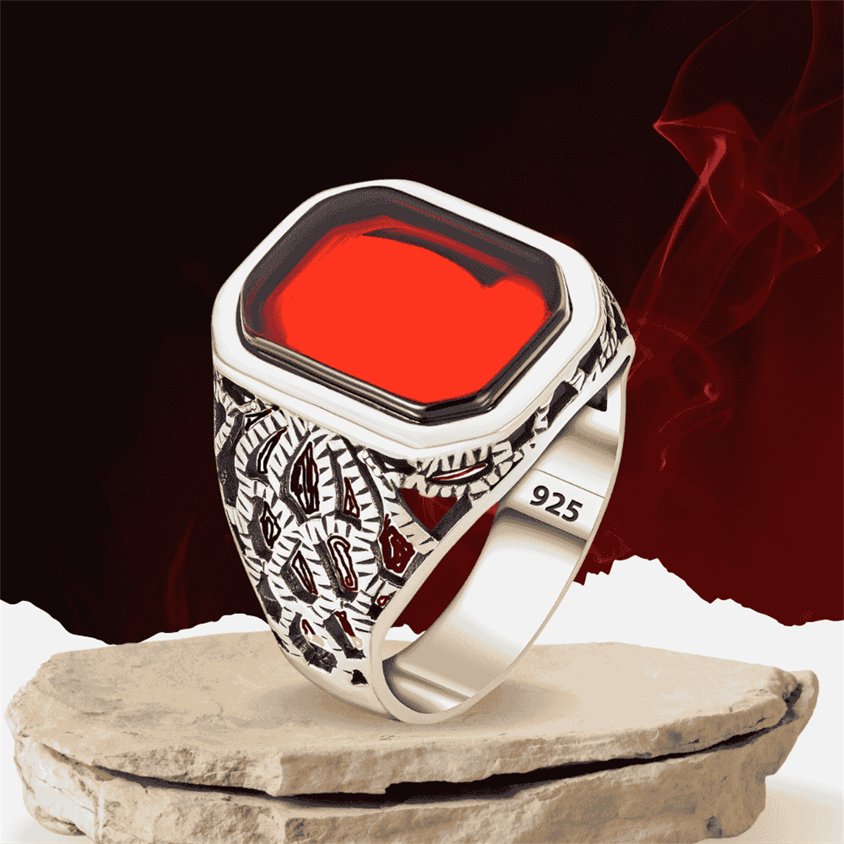 Simetrik Desen Lal Taşlı Gümüş Yüzük