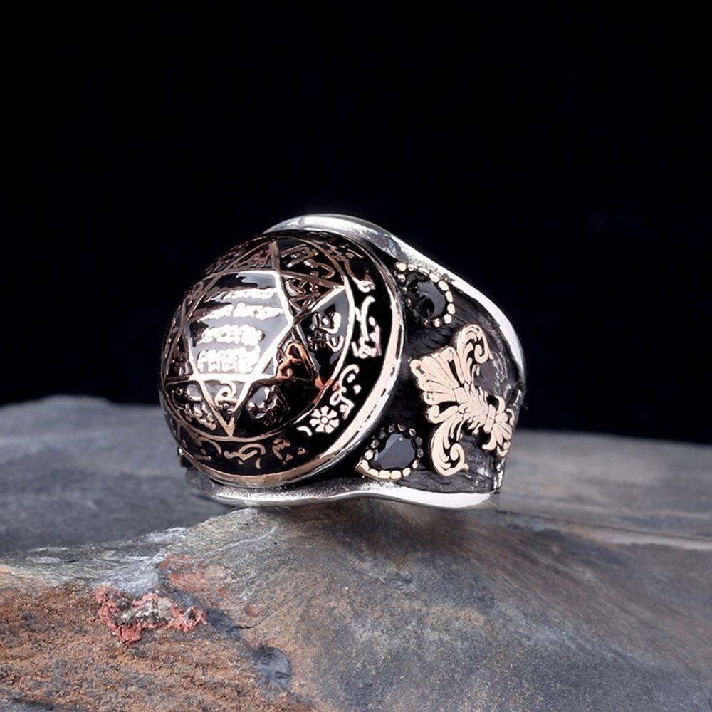 Siyah Mineli Taşlı Mührü Süleyman Gümüş YüzükSüleyman Mührü Yüzükler