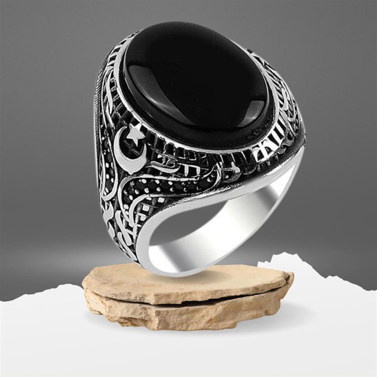 Siyah Oniks Taşlı Ay Yıldız Motifli Erkek Gümüş Yüzük