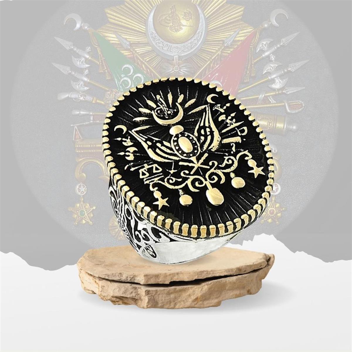 Siyah Zemin Osmanlı Devlet Armalı Erkek Gümüş Yüzük