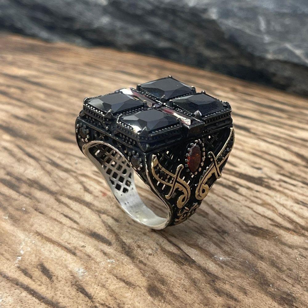 Siyah Zirkon Taşlı Kılıç Detaylı Gümüş Yüzük