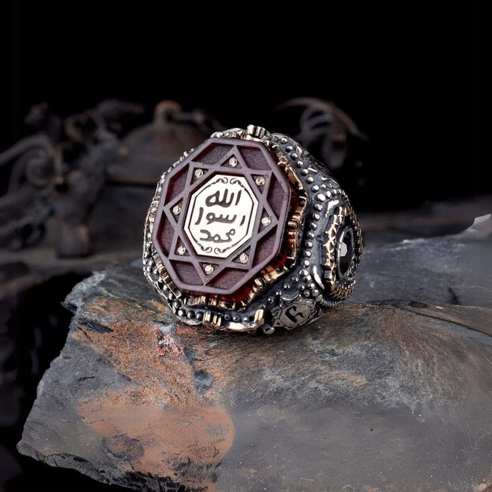 Siyah Zirkon Taşlı Mührü Şerif Gümüş YüzükMührü Şerif Yüzük