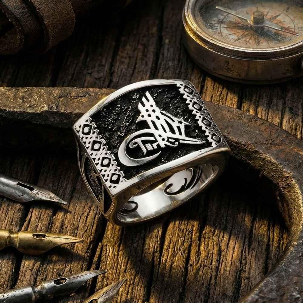 Tuğra Motifli Ay Yıldız Ve Kartal Desenli Gümüş Erkek YüzükTuğra Yüzük