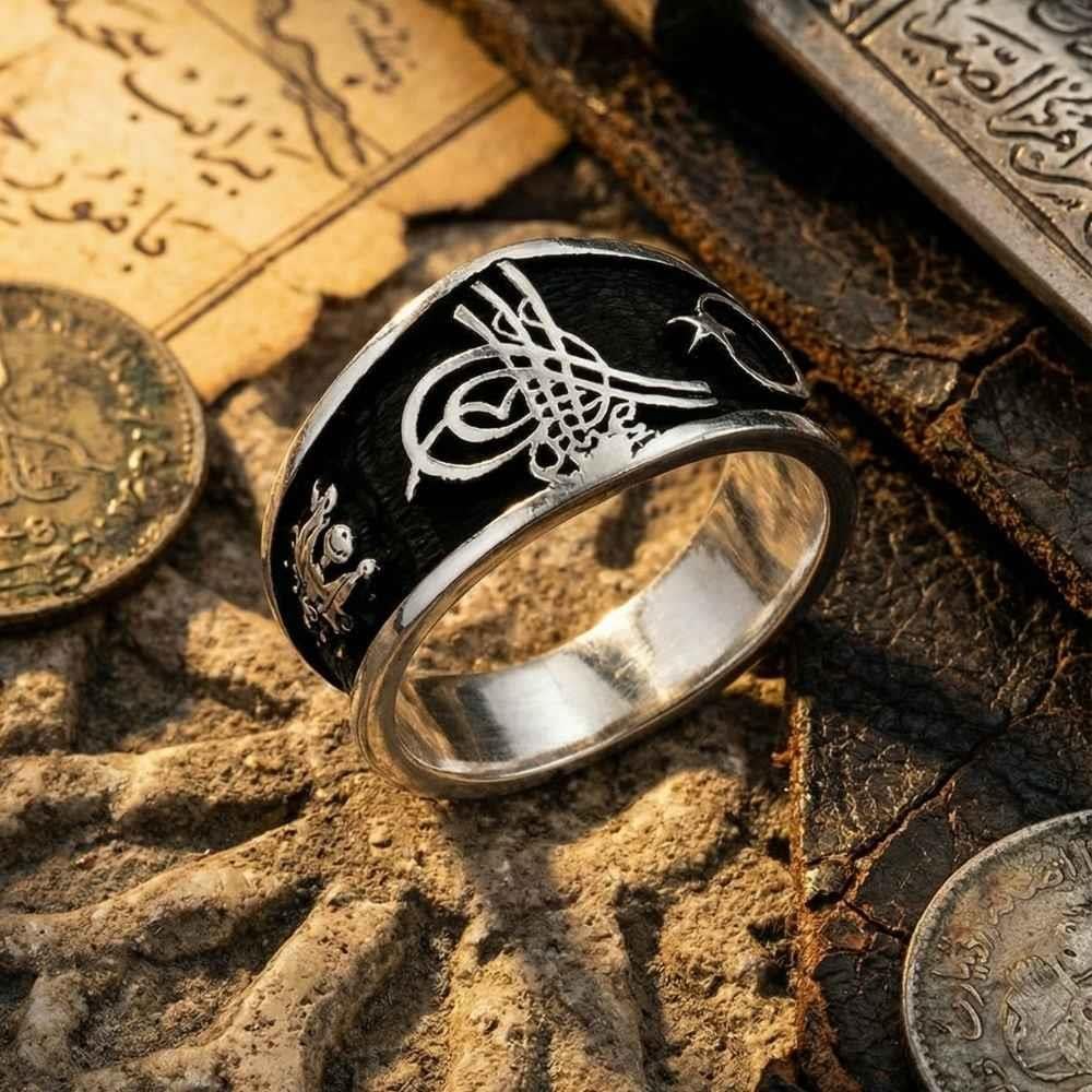 Tuğra Motifli Osmanlı Devlet Arması Ay Yıldız Gümüş YüzükTuğra Yüzük