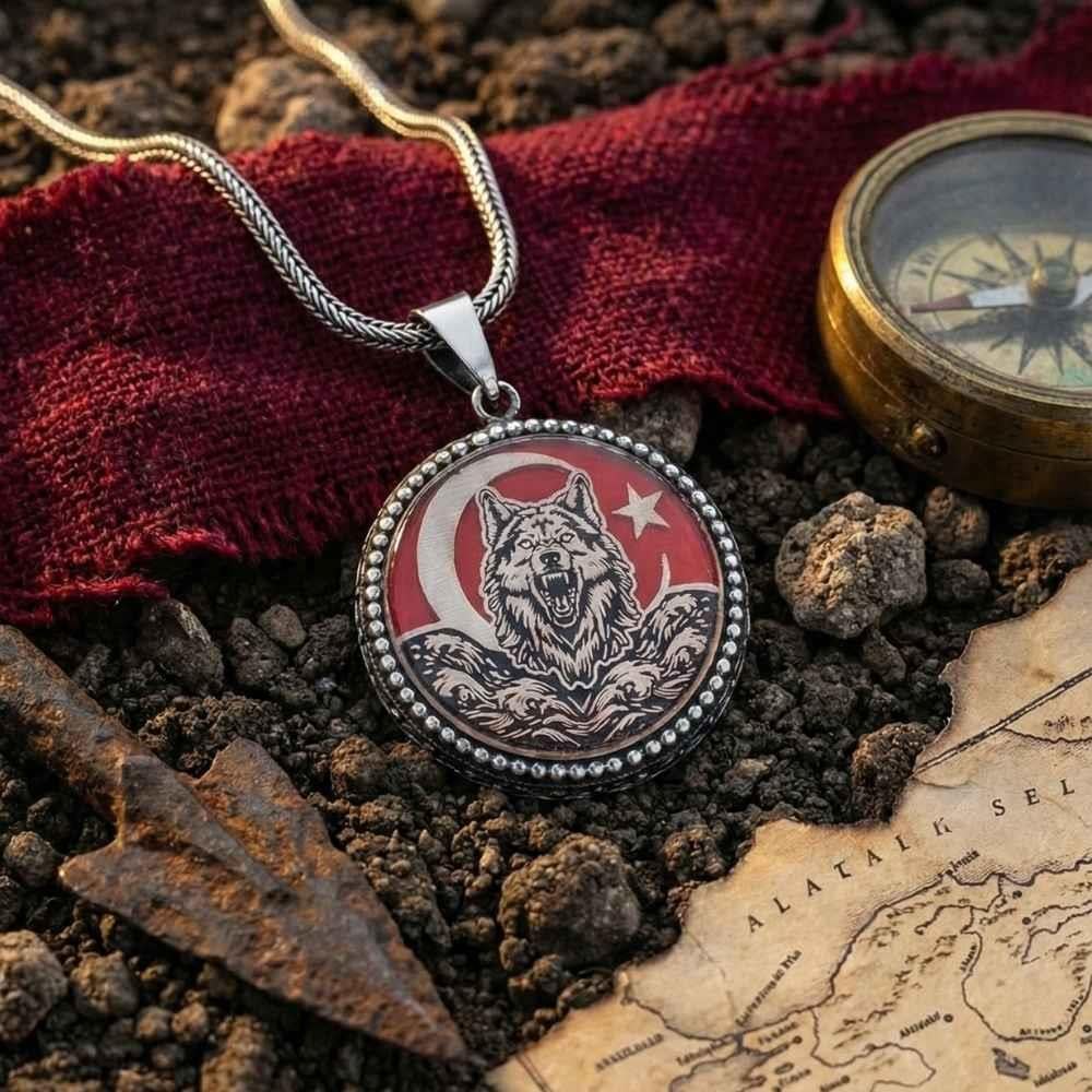 Türk Bayrağı Bozkurt Gümüş KolyeBozkurt Kolye