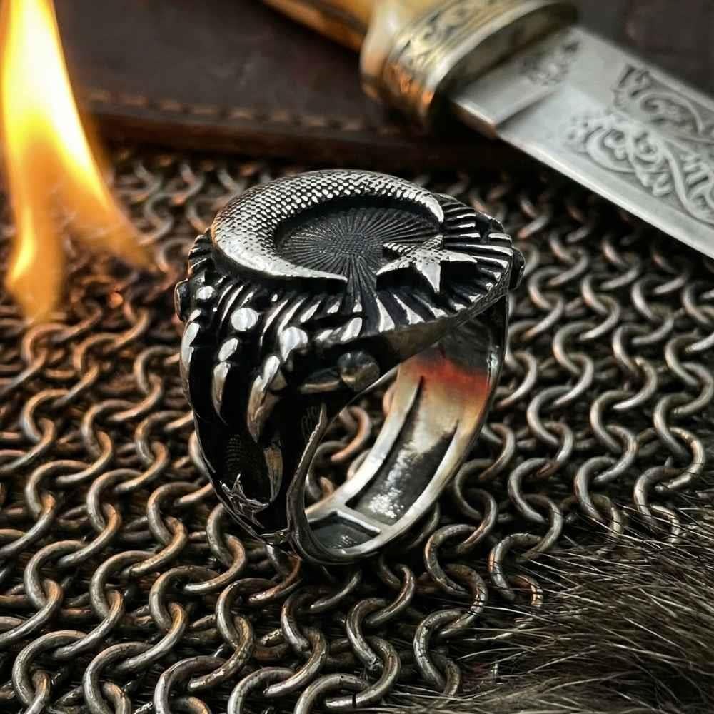 Türk Bayrağı Pençe İşlemeli Gümüş YüzükAy Yıldız Yüzük