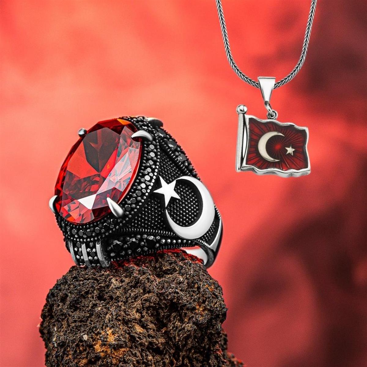 Türk Bayraklı Gümüş Yüzük ve Kolye Kombini