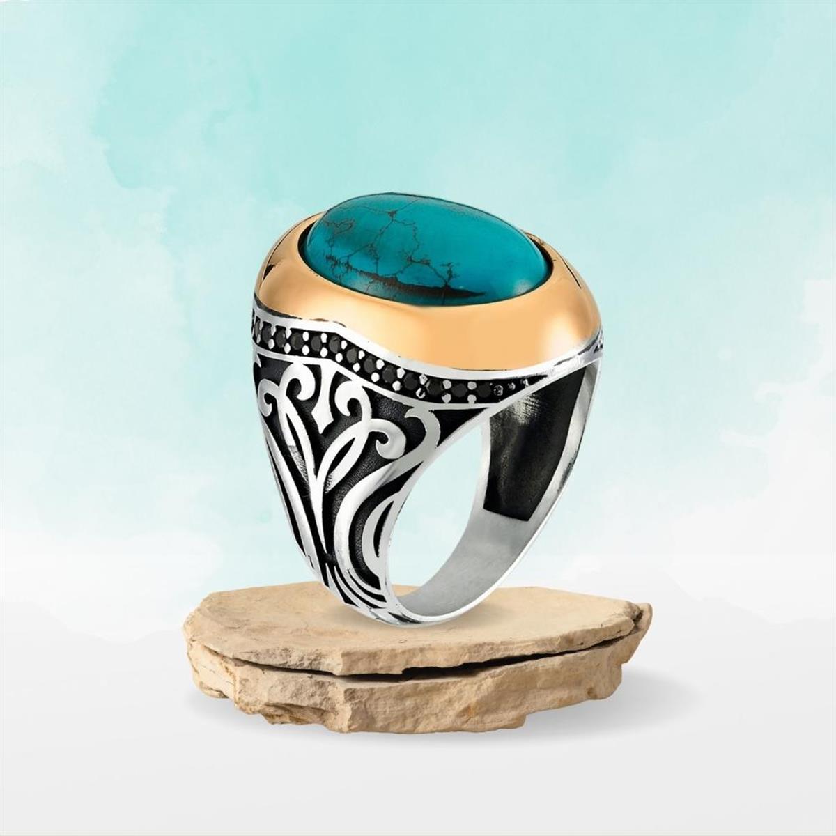Turkuaz Taşlı Gümüş Erkek Yüzük